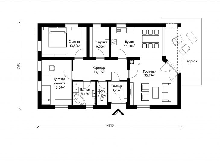 План этажа одноэтажного дома с террасой P01