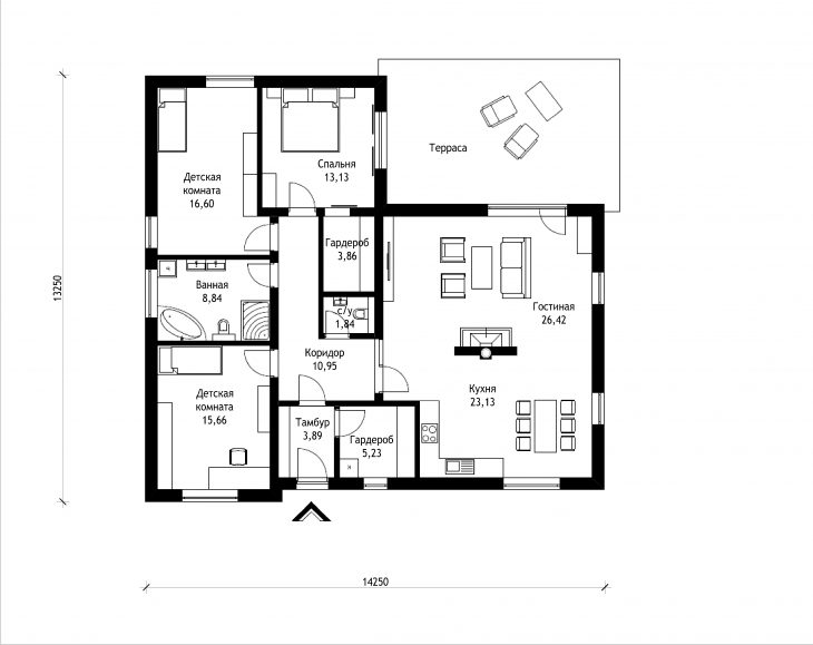 План этажа одноэтажного дома с террасой P14