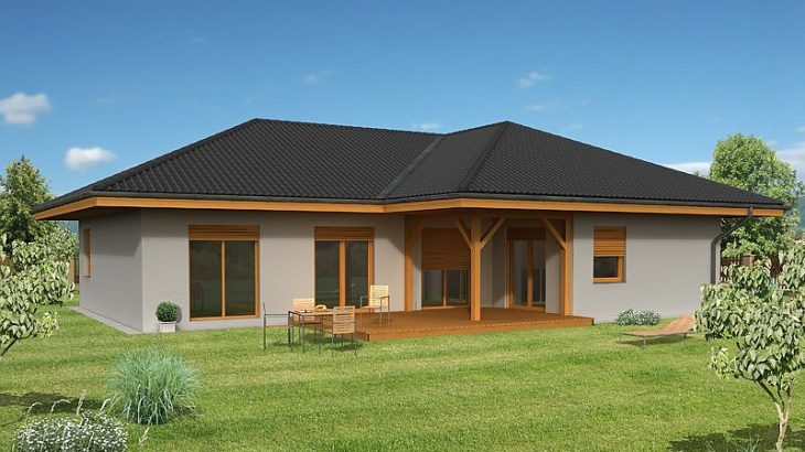 Проект одноэтажного дома с террасой и гаражом P15 - фото №1