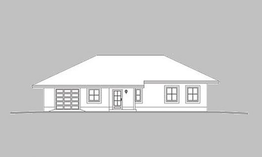 Фасад одноэтажного дома с террасой и гаражом P15 - вид спереди