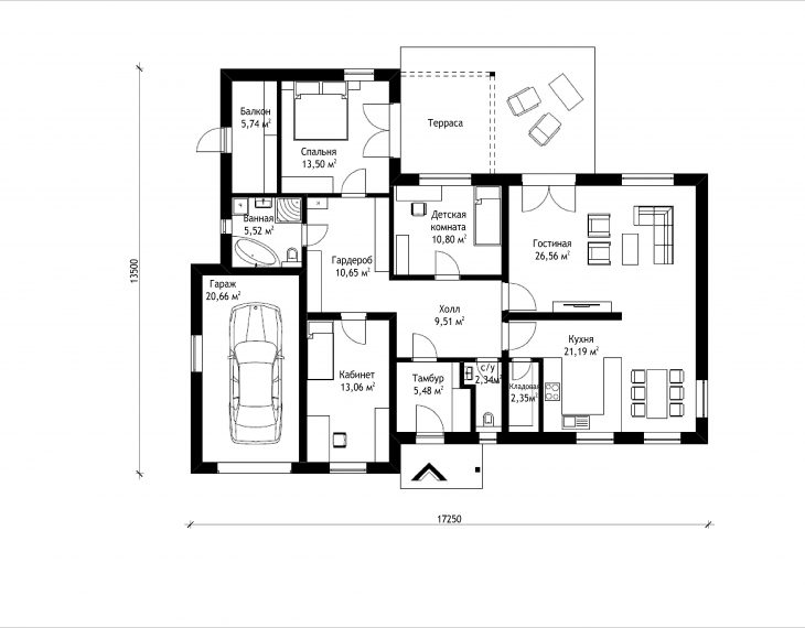 План этажа одноэтажного дома с террасой и гаражом P15