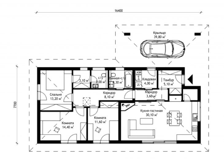 План этажа одноэтажного дома с навесом P18