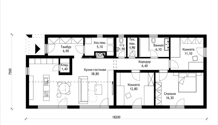 План этажа одноэтажного дома P21