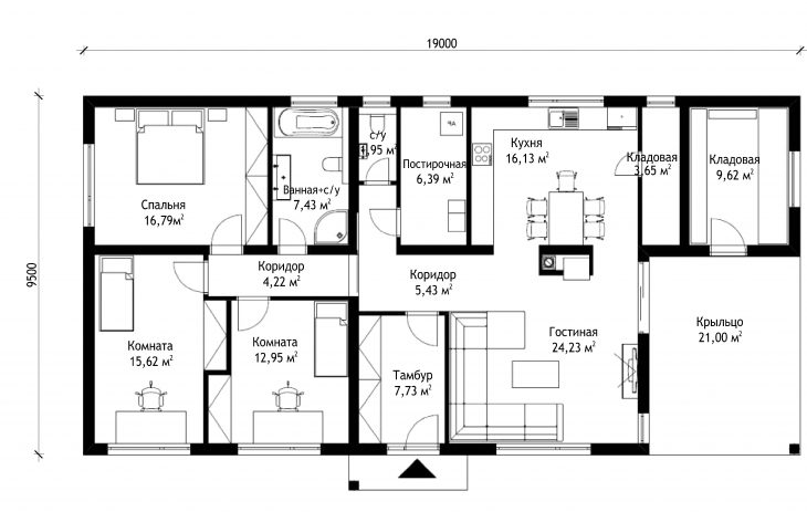 План этажа одноэтажного дома с террасой P24