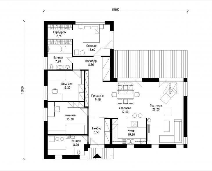 План этажа одноэтажного дома с террасой P29