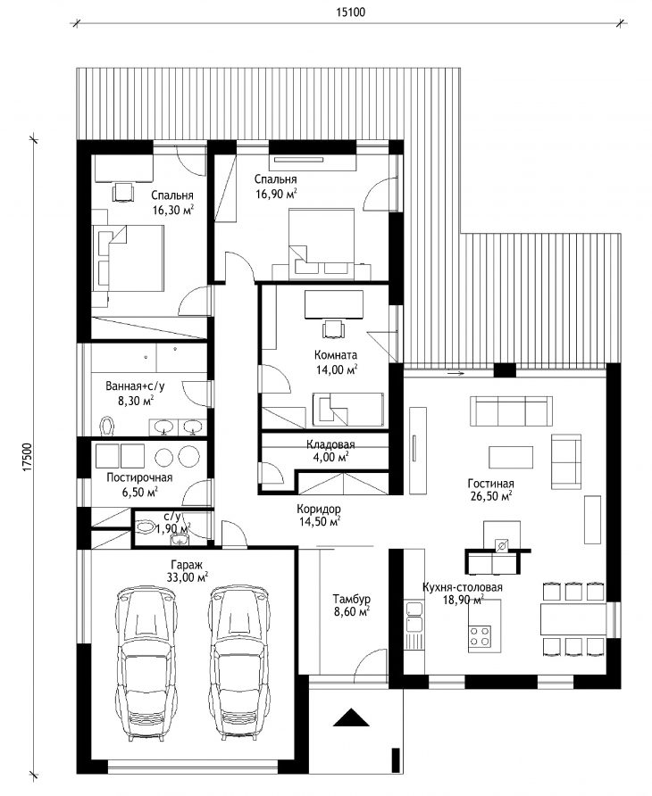 План этажа одноэтажного дома с террасой и гаражом P32