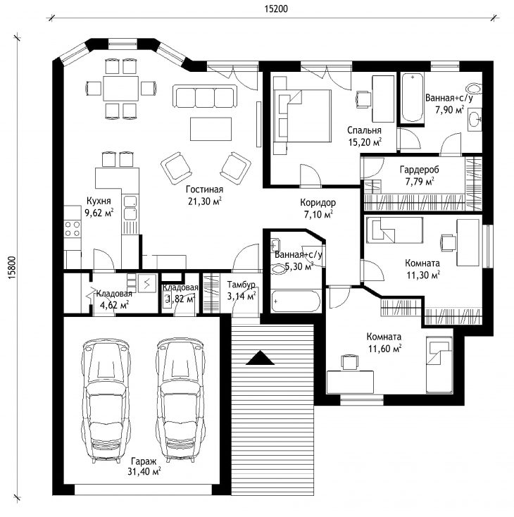 План этажа одноэтажного дома с гаражом P34