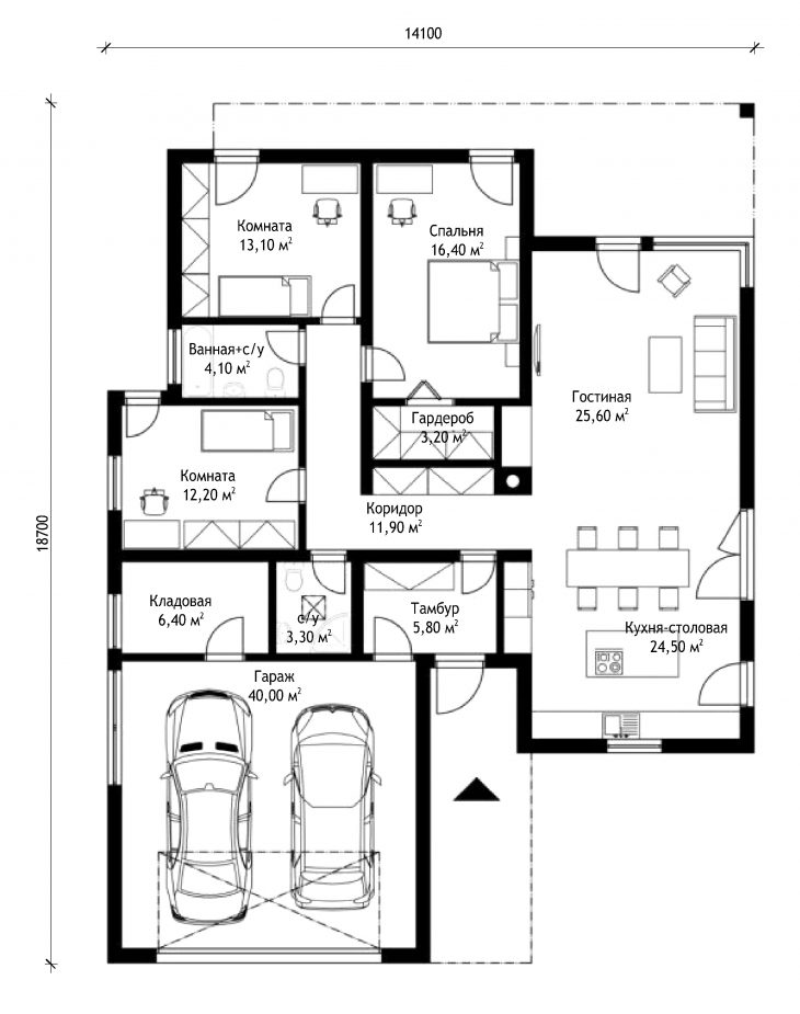 План этажа одноэтажного дома с террасой и гаражом P36