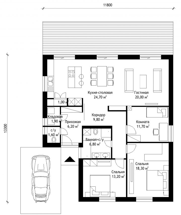 План этажа одноэтажного дома с террасой P38