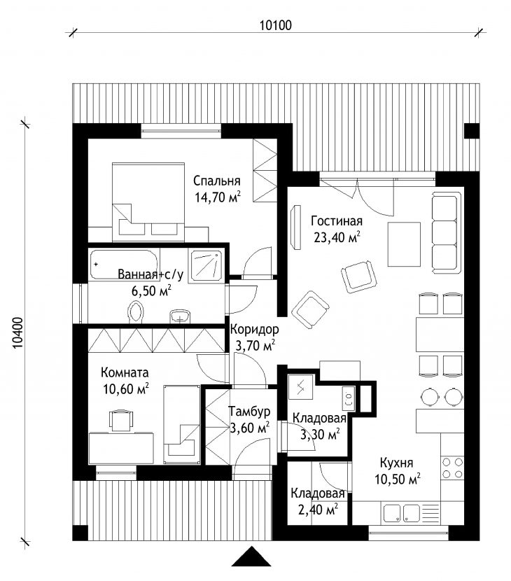 План этажа одноэтажного дома с террасой P42