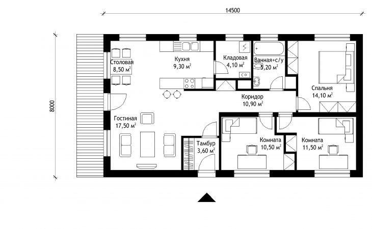 План этажа одноэтажного дома с террасой P44