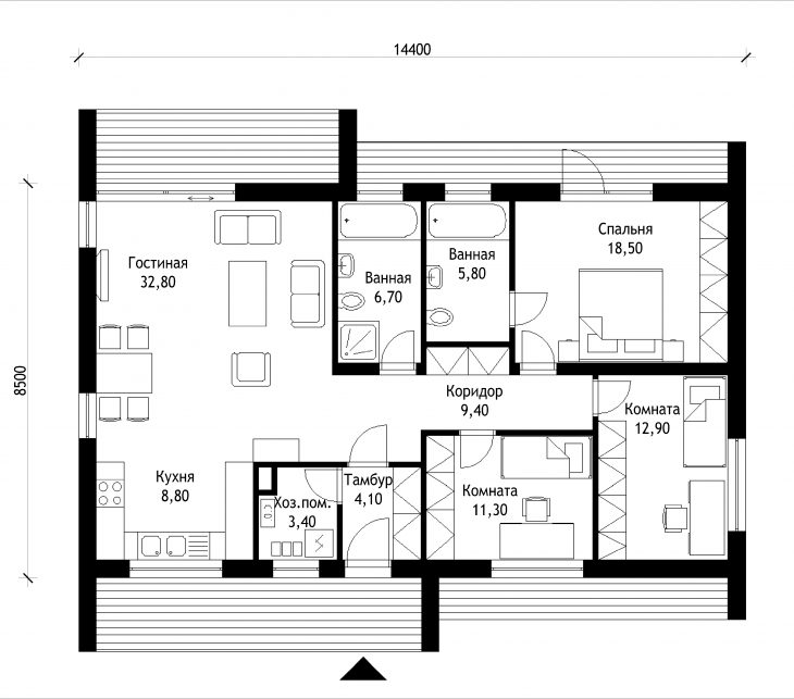 План этажа одноэтажного дома с террасой P45