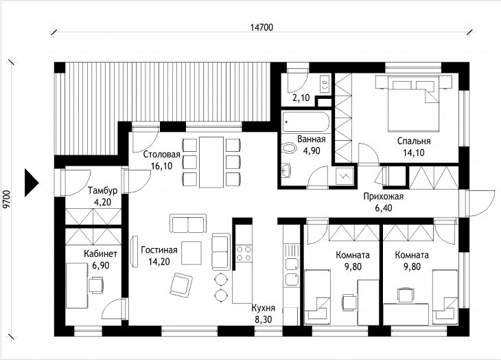 План этажа одноэтажного дома с террасой P47
