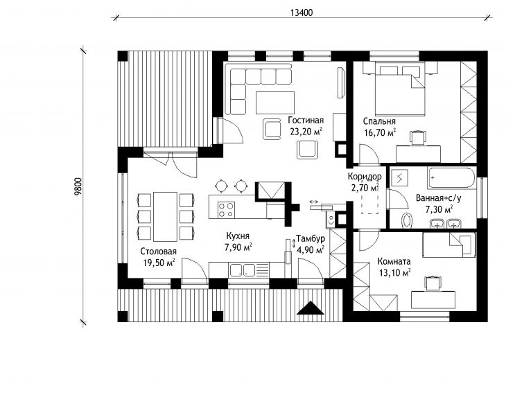 План этажа одноэтажного дома с террасой P64