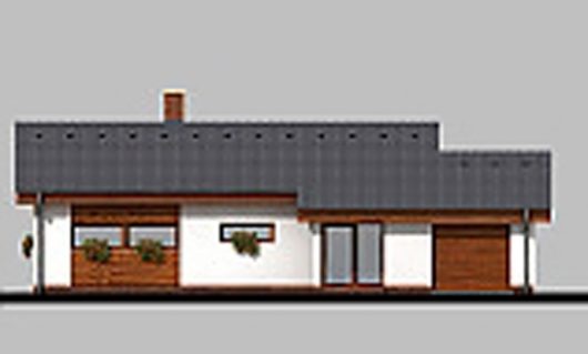 Фасад одноэтажного дома с террасой и гаражом P12 - вид спереди