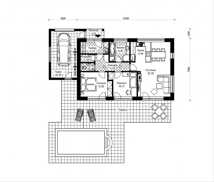 План этажа одноэтажного дома с террасой и гаражом P12