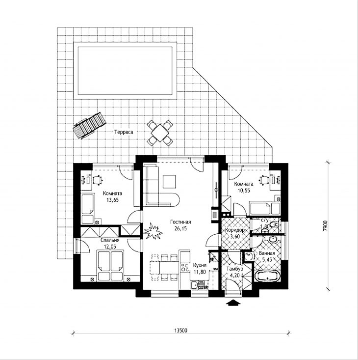 План этажа одноэтажного дома с террасой P04