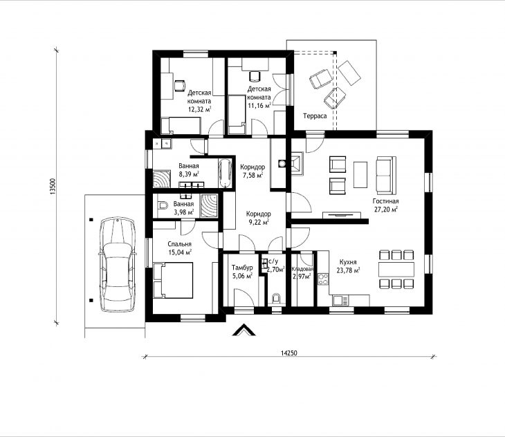 План этажа одноэтажного дома с террасой и навесом P09