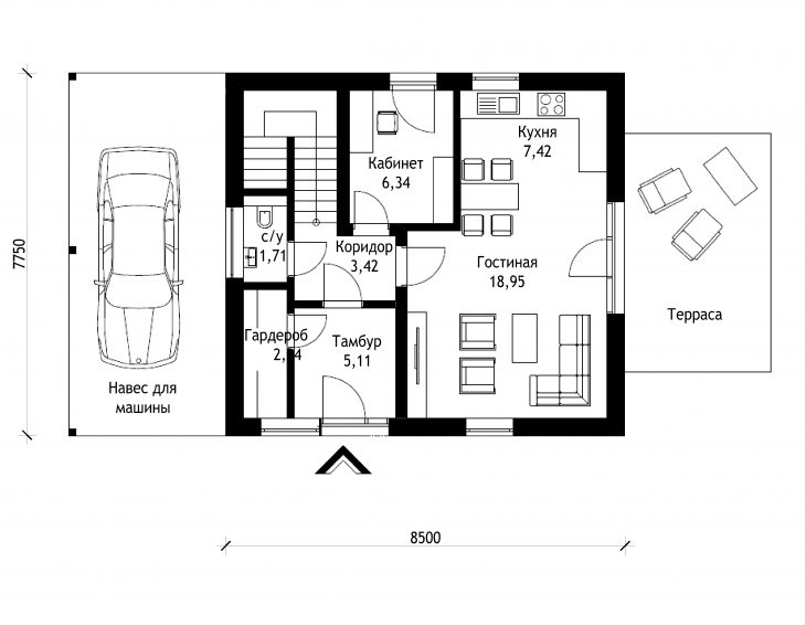 План 1 этажа мансардного дома с террасой и гаражом S03