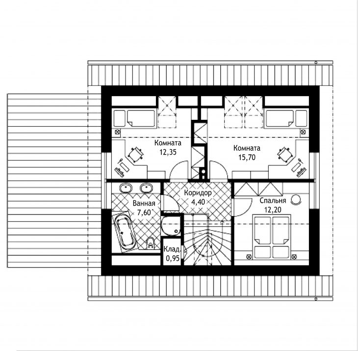 План 2 этажа мансардного дома с террасой и навесом S09