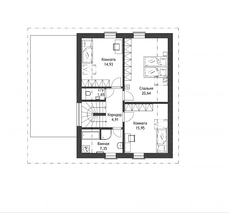 План 2 этажа мансардного дома с гаражом S15