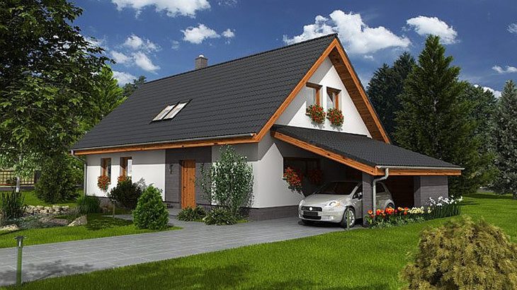 Проект мансардного дома с террасой и навесом S18 - фото №1