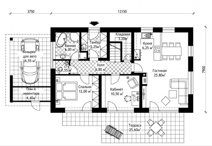 План 1 этажа мансардного дома с террасой и навесом S18