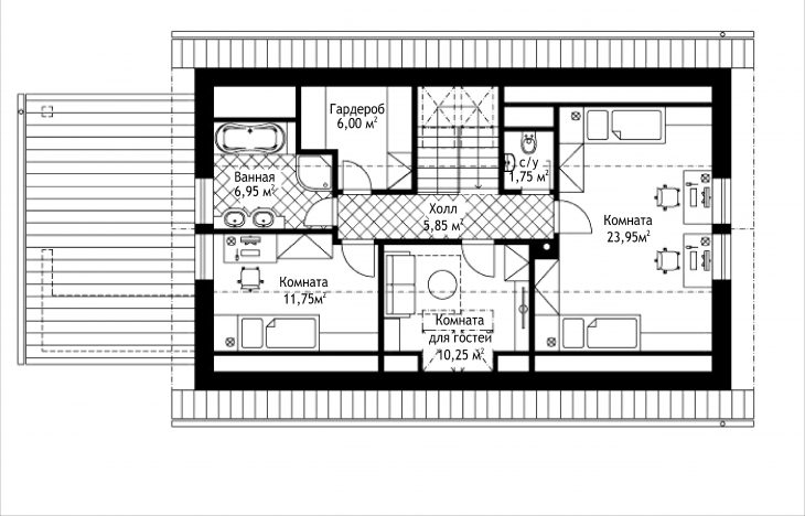План 2 этажа мансардного дома с террасой и навесом S18