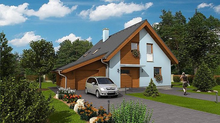 Проект мансардного дома с террасой и гаражом S22 - фото №1