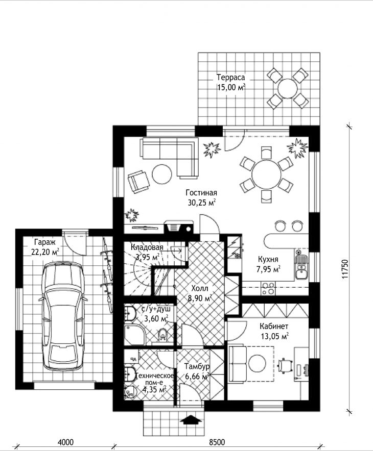 План 1 этажа мансардного дома с террасой и гаражом S22