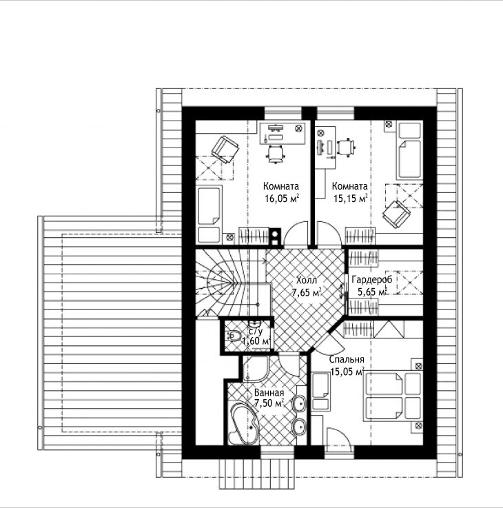План 2 этажа мансардного дома с террасой и гаражом S22
