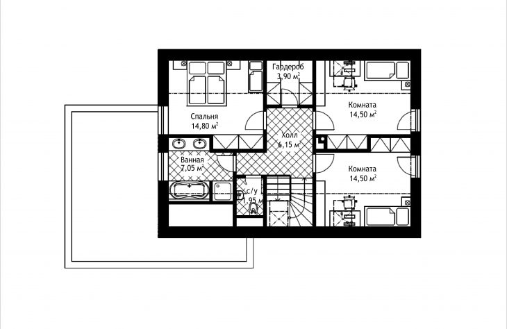 План 2 этажа мансардного дома с террасой и гаражом S24