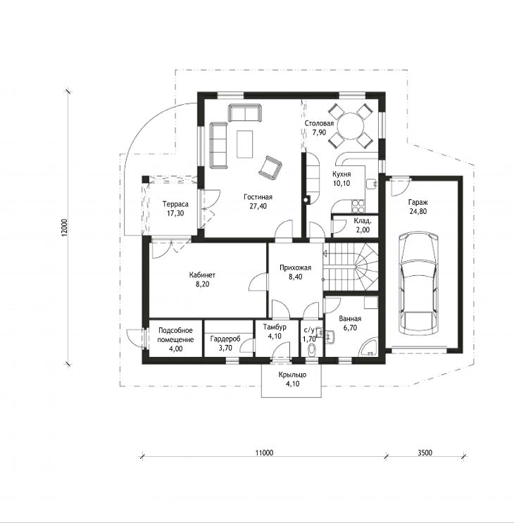 План 1 этажа мансардного дома с террасой и гаражом S25