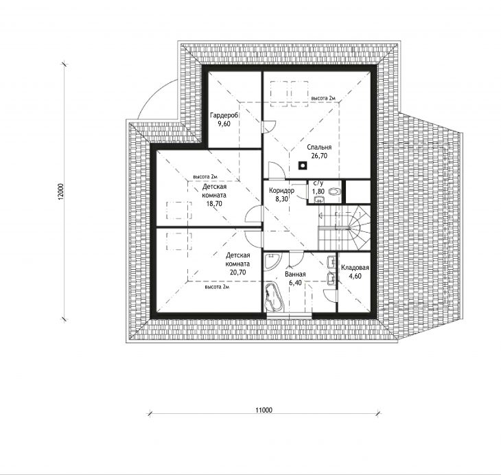 План 2 этажа мансардного дома с террасой и гаражом S25