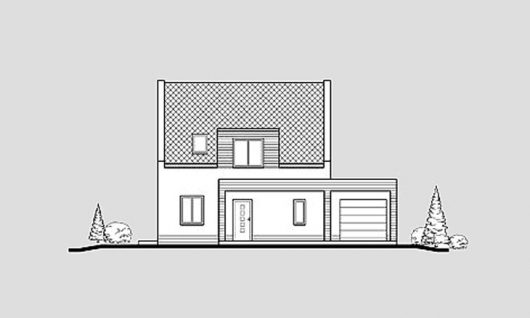 Фасад мансардного дома с террасой и гаражом S26 - вид спереди