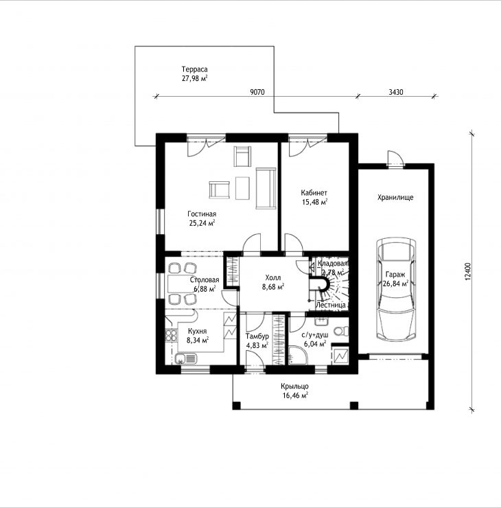 План 1 этажа мансардного дома с террасой и гаражом S26