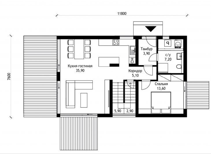 План 1 этажа мансардного дома с террасой S28
