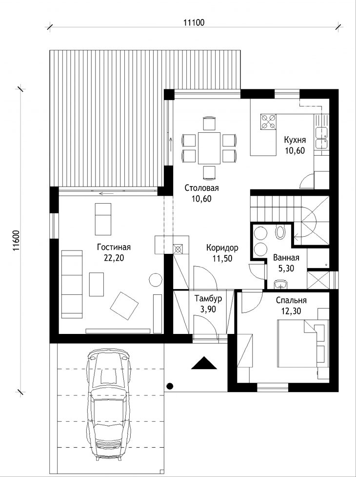 План 1 этажа мансардного дома с террасой и гаражом S42