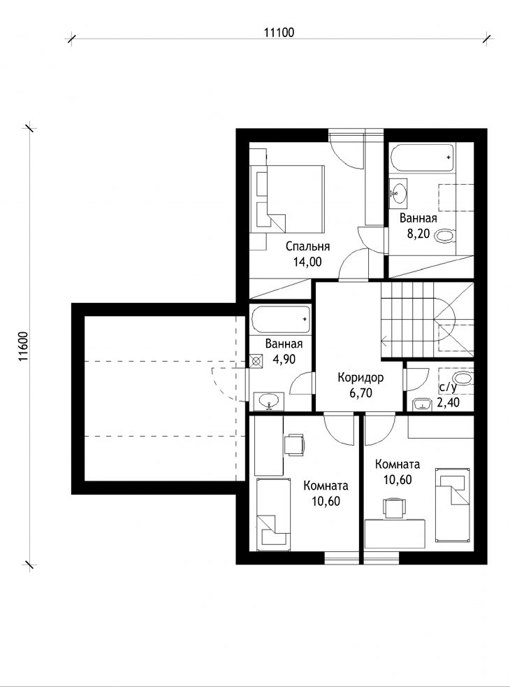 План 2 этажа мансардного дома с террасой и гаражом S42