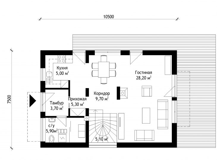 План 1 этажа мансардного дома с террасой S43