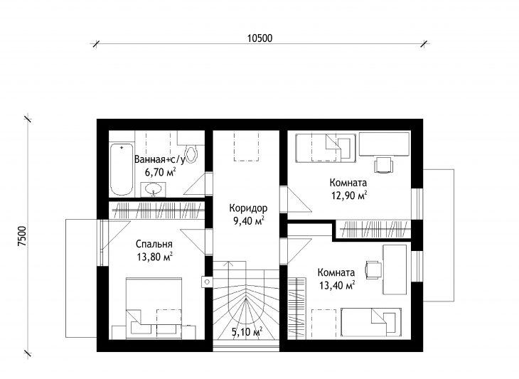 План 2 этажа мансардного дома с террасой S43
