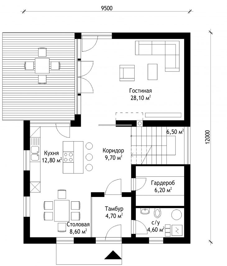 План 1 этажа мансардного дома с террасой S45