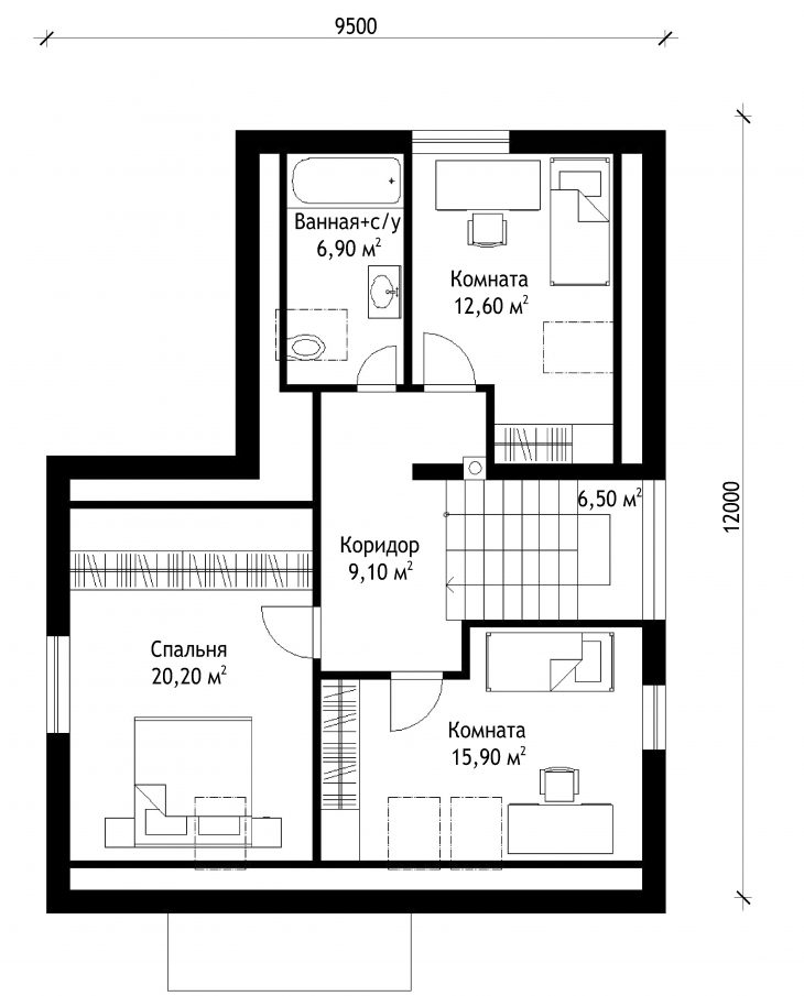 План 2 этажа мансардного дома с террасой S45