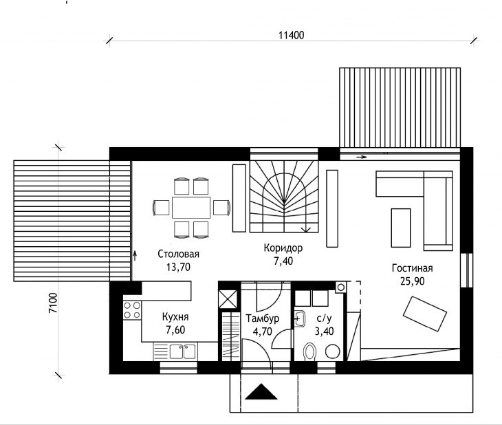 План 1 этажа мансардного дома с террасой S46