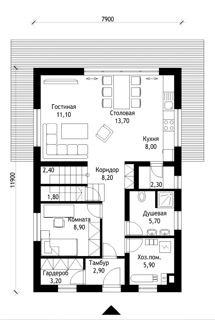 План 1 этажа мансардного дома с террасой S48