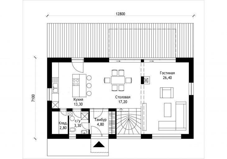 План 1 этажа мансардного дома с террасой S50