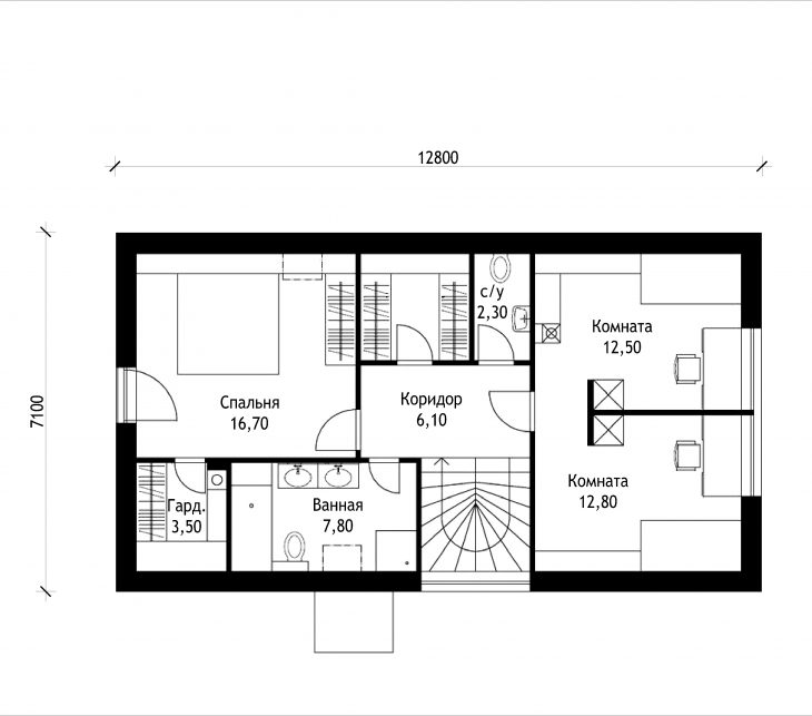 План 2 этажа мансардного дома с террасой S50