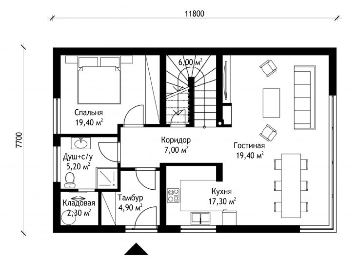 План 1 этажа мансардного дома S55