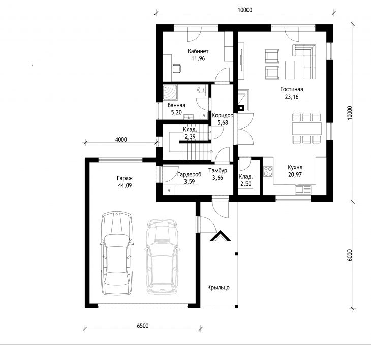 План 1 этажа двухэтажного дома с гаражом V09