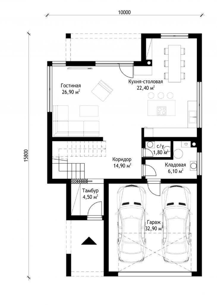 Проект 1 этажа двухэтажного дома с гаражом V20